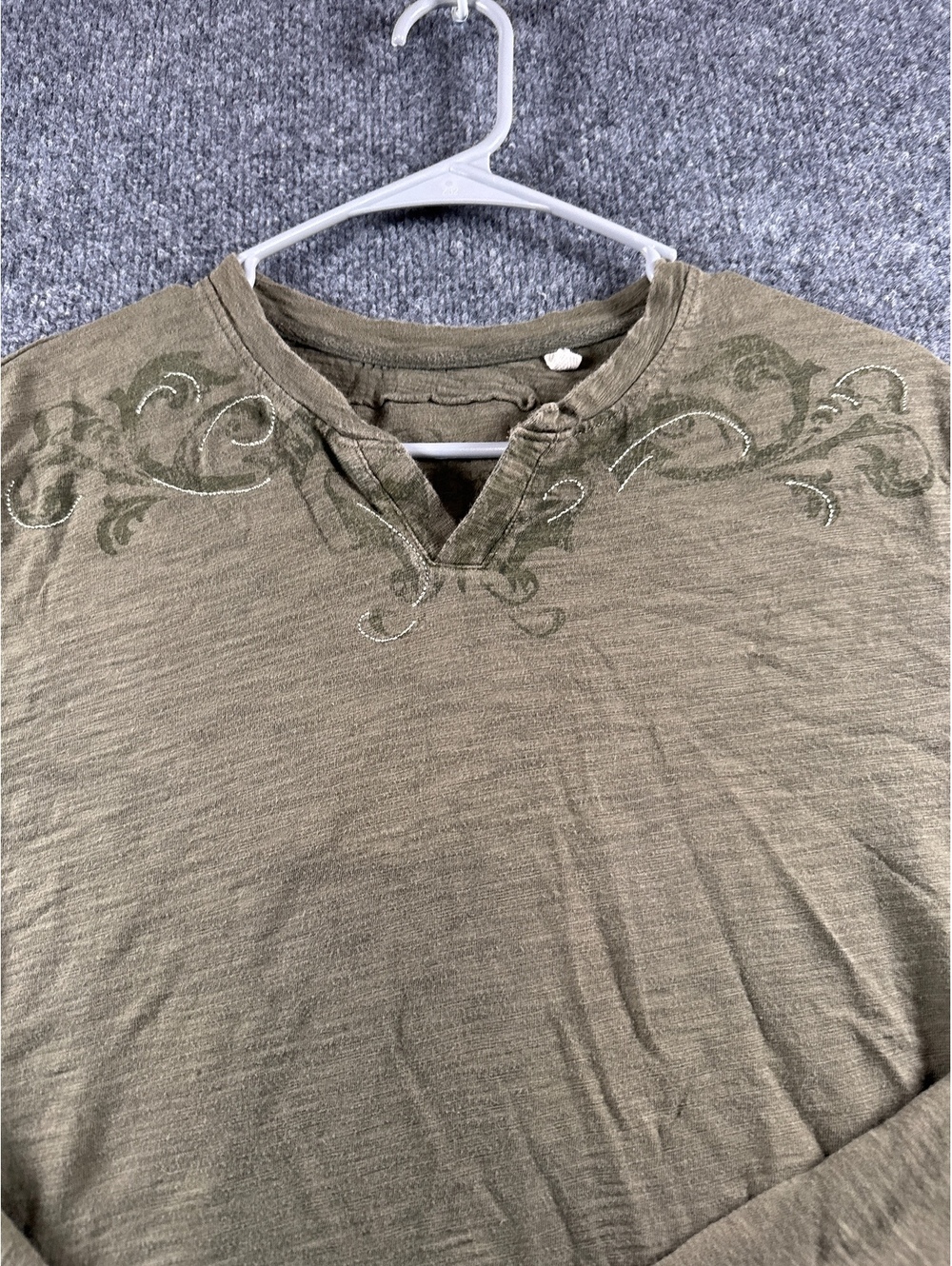 Womens Olive Green Embellished Henley Top Long Sleeve Scroll Graphic Shirt